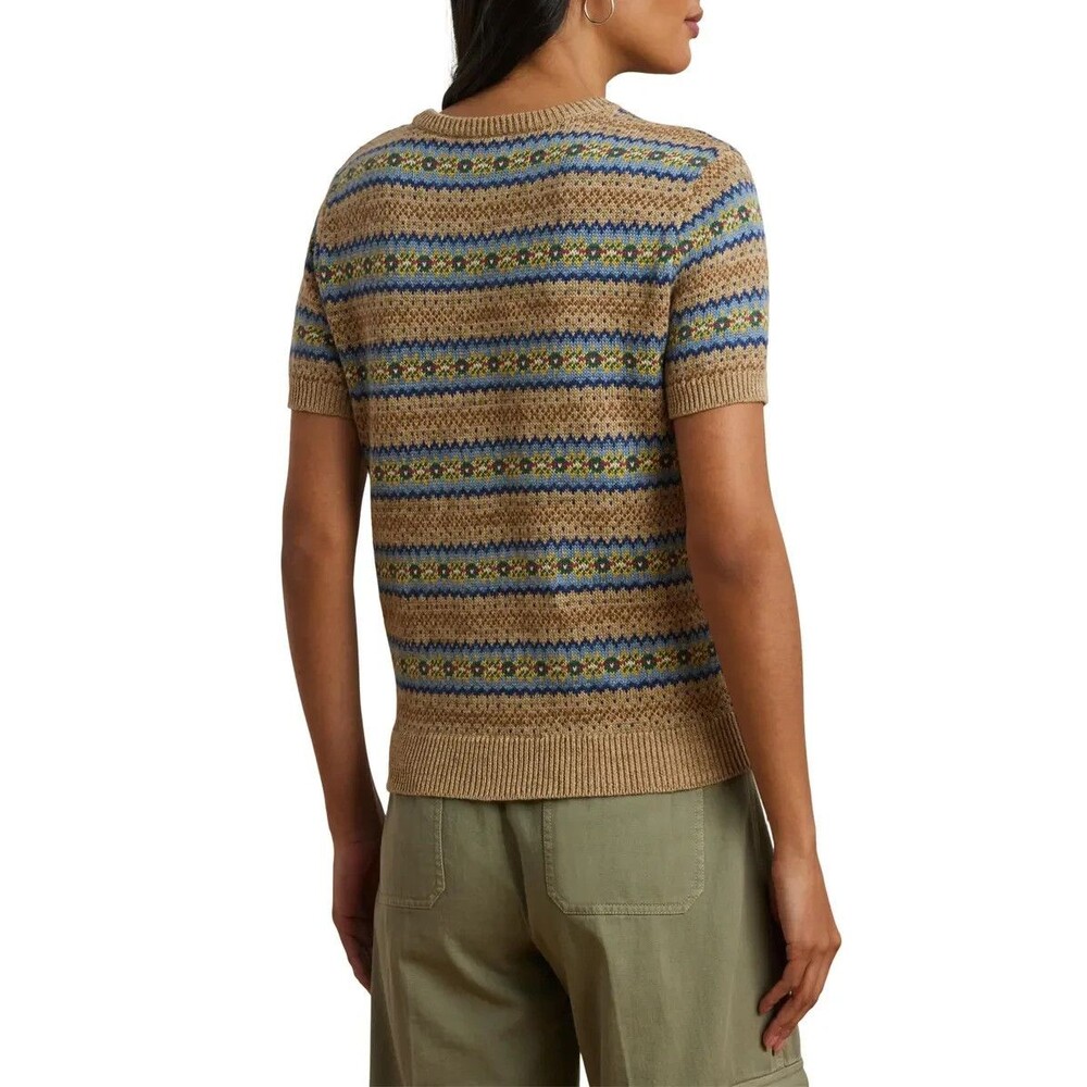 Lauren Ralph Lauren Women's Petite Fair Isle Short Sleeve Sweater Top Tan P/M - Picture 3 of 10